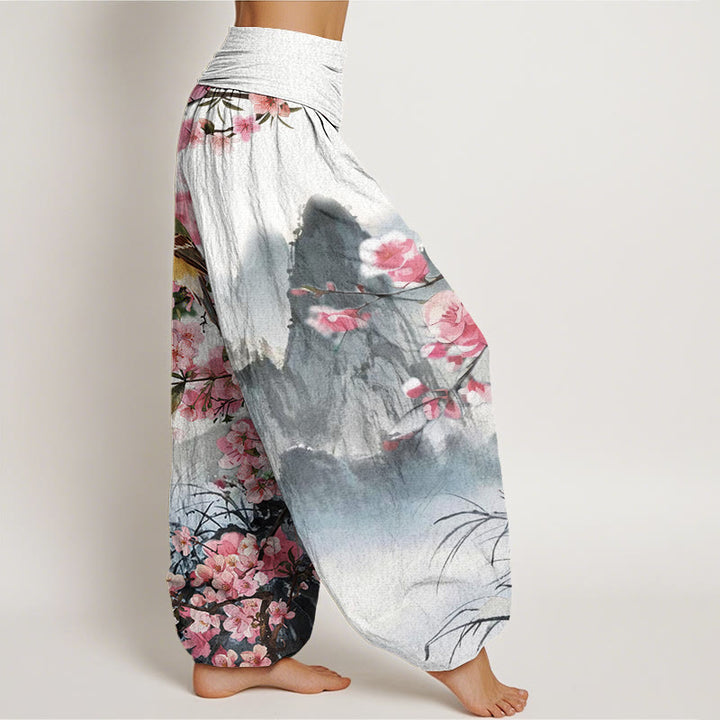 Pantaloni harem da donna con elastico in vita, motivo Buddha Stones Bird Cherry Blossom Mountains - image 3