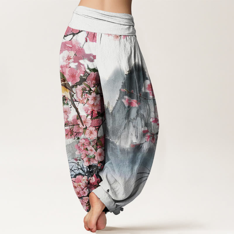 Pantaloni harem da donna con elastico in vita, motivo Buddha Stones Cotton Bird Cherry Blossom Mountains - image 1