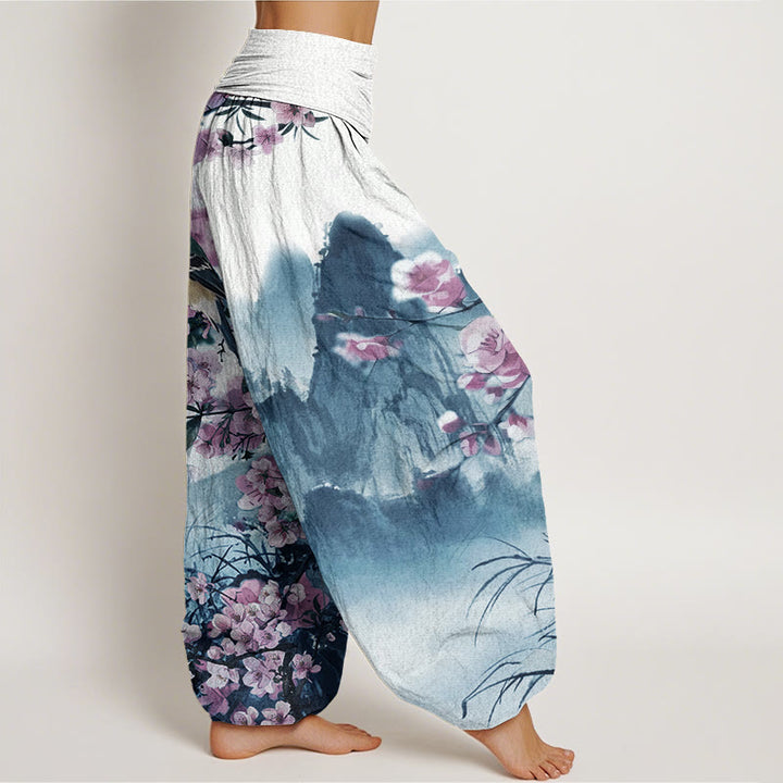 Pantaloni harem da donna con elastico in vita, motivo Buddha Stones Bird Cherry Blossom Mountains - image 7