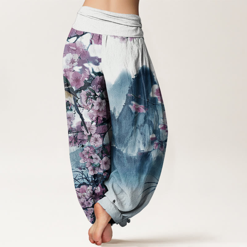 Pantaloni harem da donna con elastico in vita, motivo Buddha Stones Cotton Bird Cherry Blossom Mountains - image 5