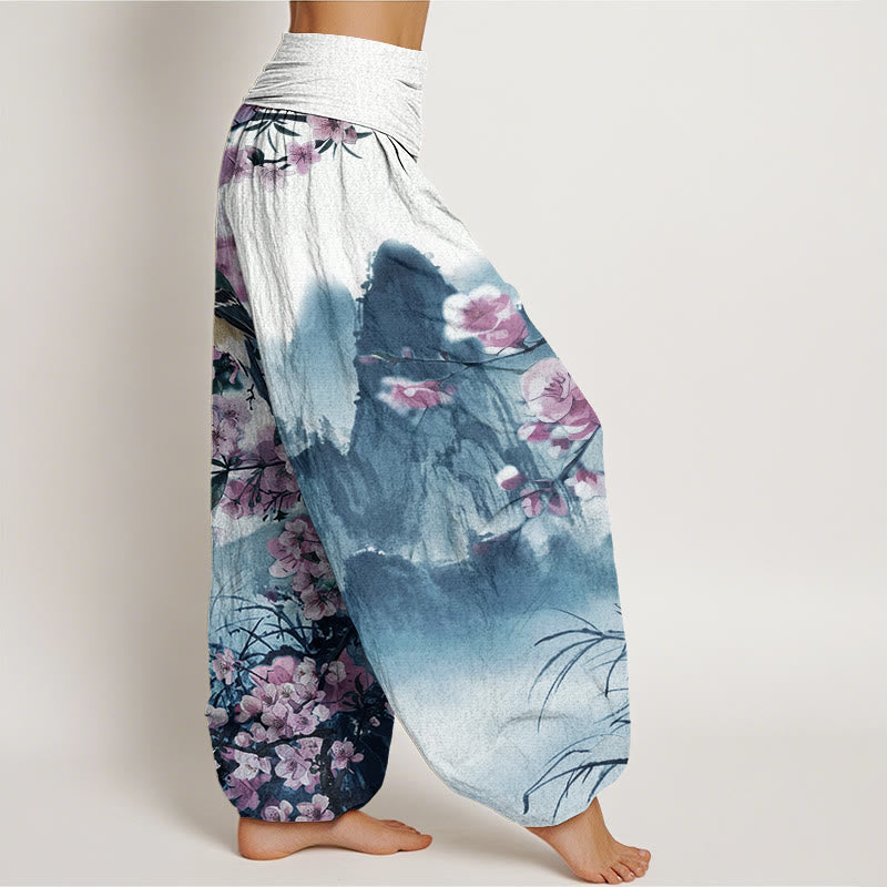 Pantaloni harem da donna con elastico in vita, motivo Buddha Stones Cotton Bird Cherry Blossom Mountains - image 6