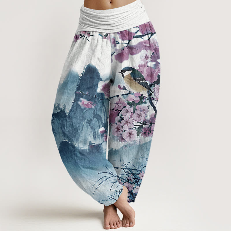 Pantaloni harem da donna con elastico in vita, motivo Buddha Stones Bird Cherry Blossom Mountains - Blu medio - US22, UK/AU26, EU54 (6XL) - image 5