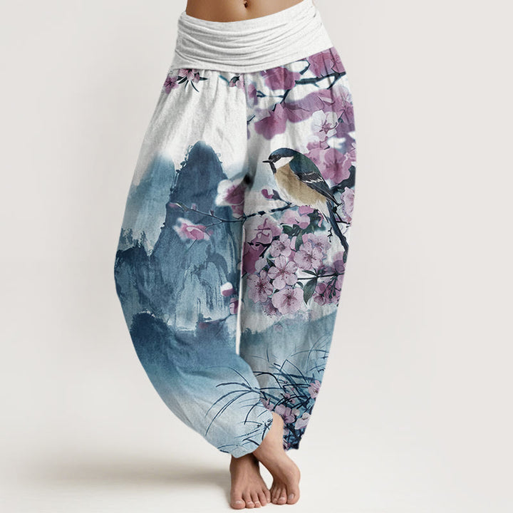 Pantaloni harem da donna con elastico in vita, motivo Buddha Stones Bird Cherry Blossom Mountains - Blu medio - US22, UK/AU26, EU54 (6XL) - image 5