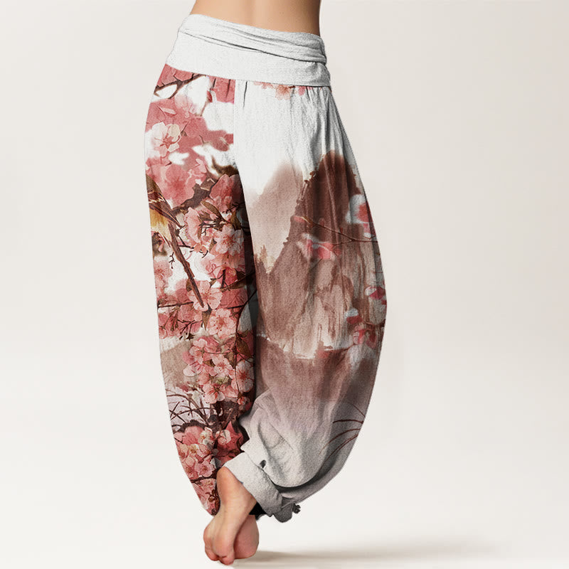 Pantaloni harem da donna con elastico in vita, motivo Buddha Stones Cotton Bird Cherry Blossom Mountains - image 8