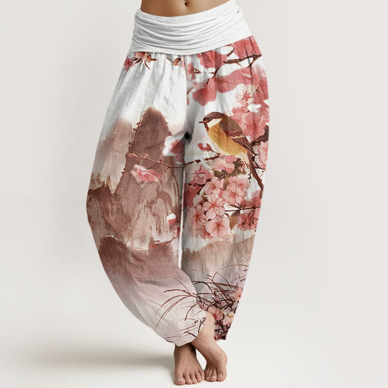 Pantaloni harem da donna con elastico in vita, motivo Buddha Stones Bird Cherry Blossom Mountains - Corallo chiaro - US22, UK/AU26, EU54 (6XL) - image 8
