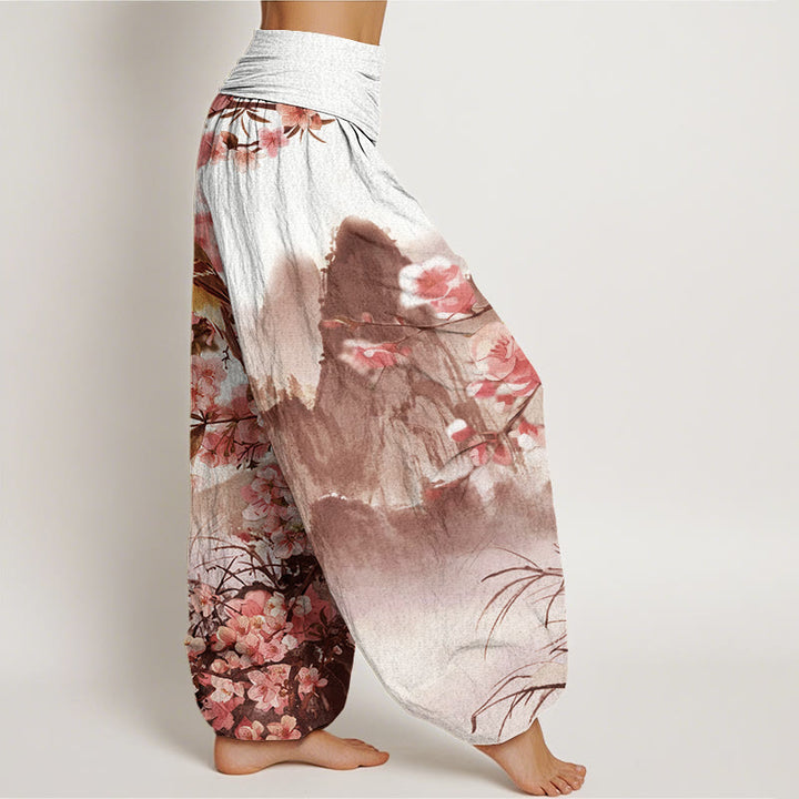Pantaloni harem da donna con elastico in vita, motivo Buddha Stones Bird Cherry Blossom Mountains - image 10