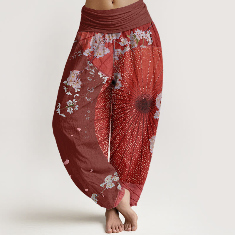 Pantaloni harem da donna con elastico in vita, modello casual rosso-carta oleata con motivo a fiori di ciliegio , Buddha Stones - Marrone - US22, UK/AU26, EU54 (6XL) - image 1