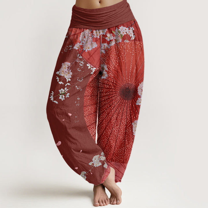 Pantaloni harem da donna con elastico in vita, modello casual rosso-carta oleata con motivo a fiori di ciliegio , Buddha Stones - Marrone - US22, UK/AU26, EU54 (6XL) - image 0