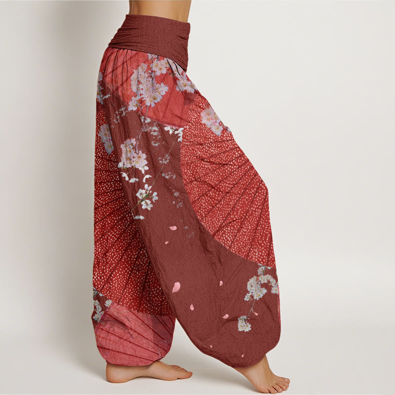 Pantaloni harem da donna con elastico in vita, modello casual rosso-carta oleata con motivo a fiori di ciliegio , Buddha Stones - image 3