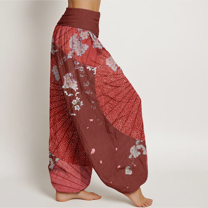 Pantaloni harem da donna con elastico in vita, modello casual rosso-carta oleata con motivo a fiori di ciliegio , Buddha Stones - image 3