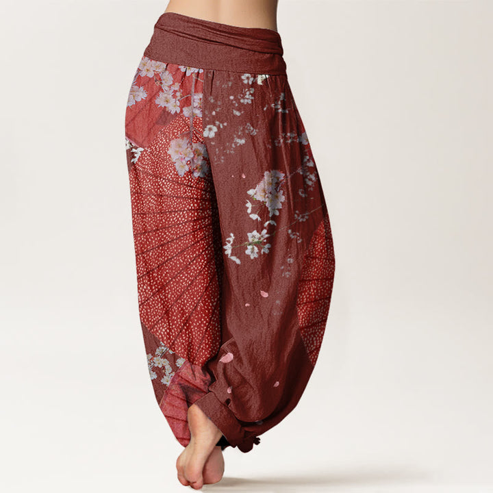 Pantaloni harem da donna con elastico in vita, modello casual rosso-carta oleata con motivo a fiori di ciliegio , Buddha Stones - image 1