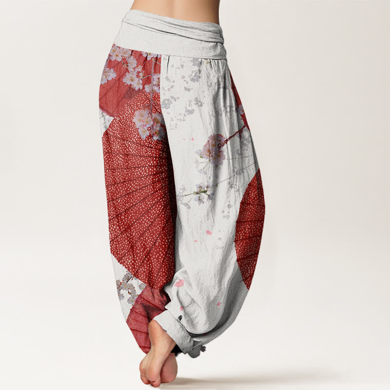 Pantaloni harem da donna con elastico in vita, modello casual rosso-carta oleata con motivo a fiori di ciliegio , Buddha Stones - image 6