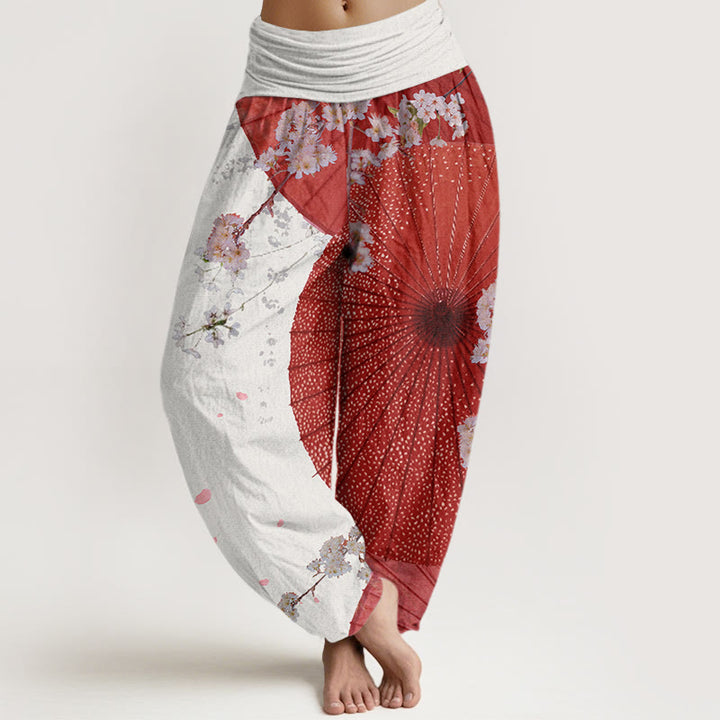 Pantaloni harem da donna con elastico in vita, modello casual rosso-carta oleata con motivo a fiori di ciliegio , Buddha Stones - Bianco Fantasma - US22, UK/AU26, EU54 (6XL) - image 5