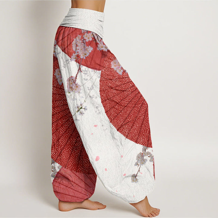 Pantaloni harem da donna con elastico in vita, modello casual rosso-carta oleata con motivo a fiori di ciliegio , Buddha Stones - image 6