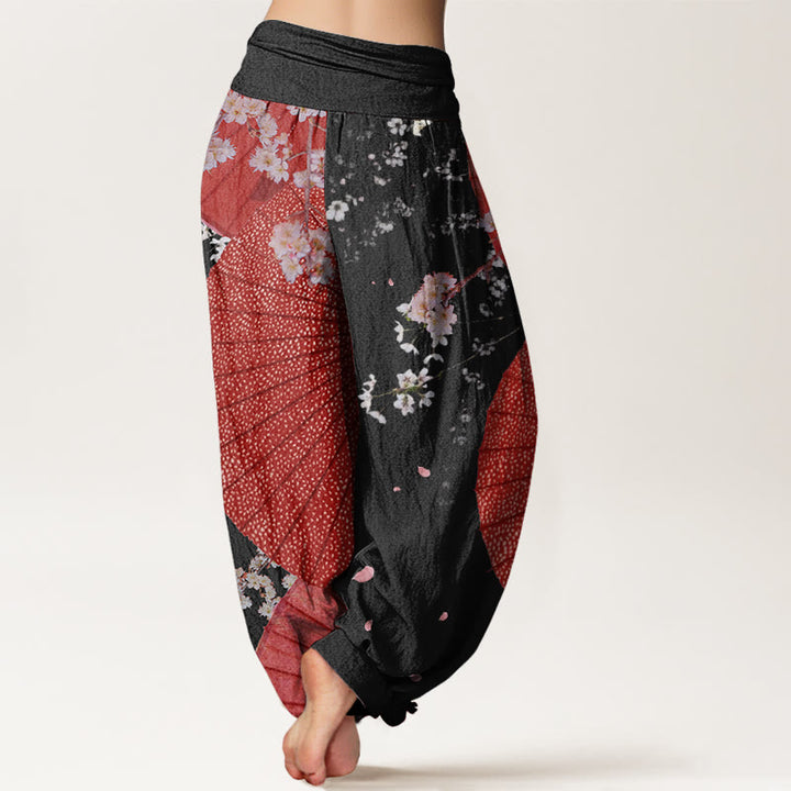 Pantaloni harem da donna con elastico in vita, modello casual rosso-carta oleata con motivo a fiori di ciliegio , Buddha Stones - image 9