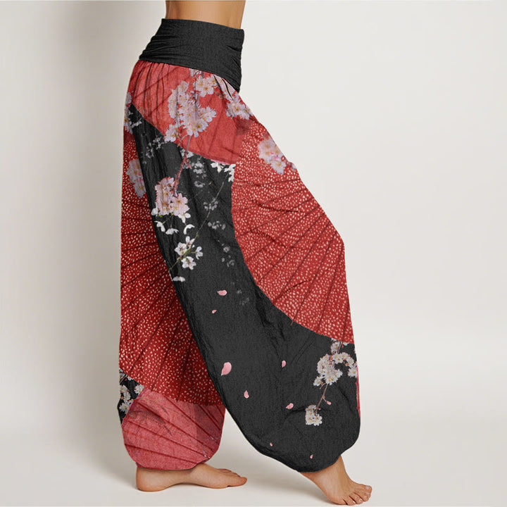 Pantaloni harem da donna con elastico in vita, modello casual rosso-carta oleata con motivo a fiori di ciliegio , Buddha Stones - image 9