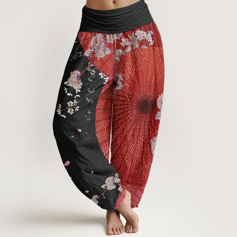 Pantaloni harem da donna con elastico in vita, modello casual rosso-carta oleata con motivo a fiori di ciliegio , Buddha Stones - Nero - US22, UK/AU26, EU54 (6XL) - image 8