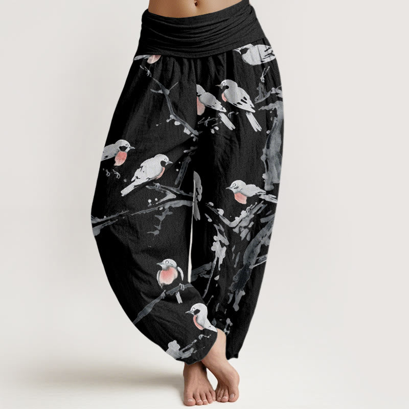 Pantaloni harem da donna con elastico in vita e motivo a rami di uccello casual Buddha Stones - Nero - US22, UK/AU26, EU54 (6XL) - image 1