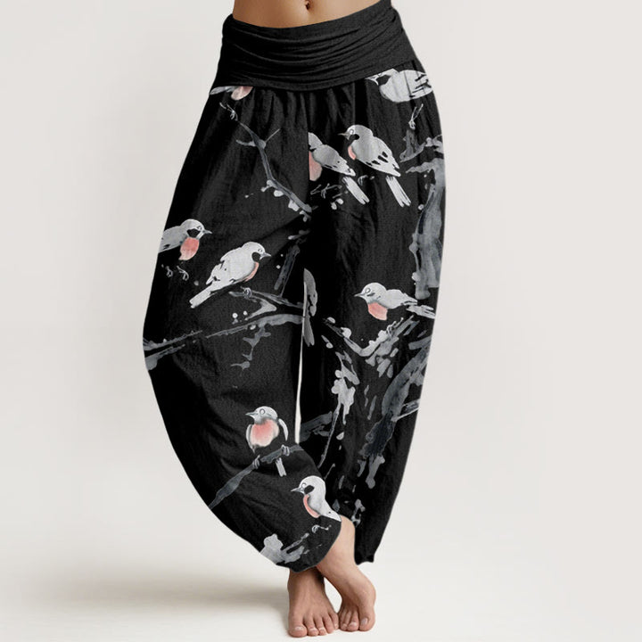Pantaloni harem da donna con elastico in vita e motivo a rami di uccello casual Buddha Stones - Nero - US22, UK/AU26, EU54 (6XL) - image 1