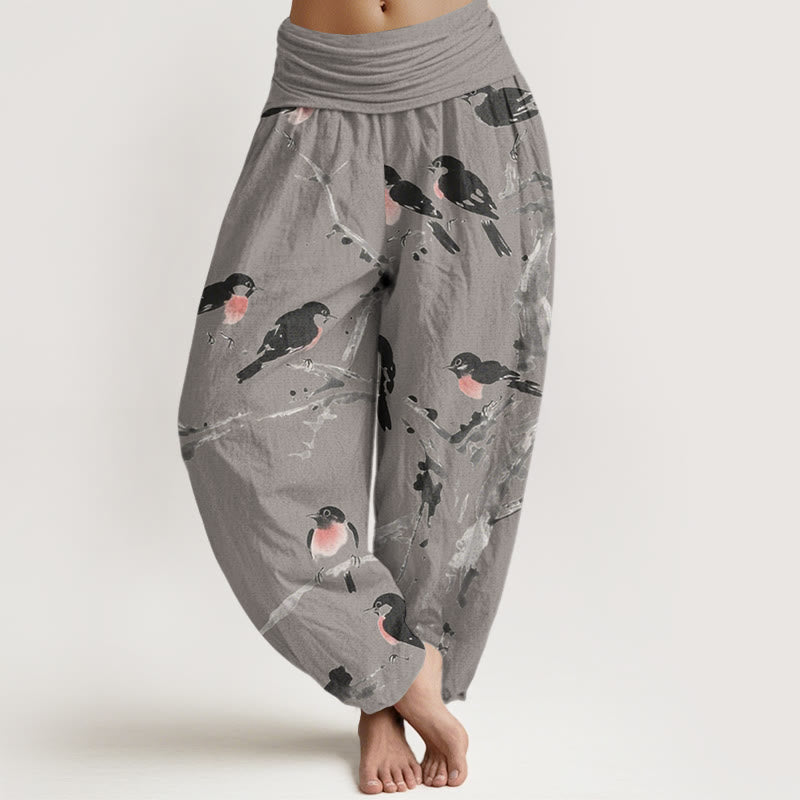 Pantaloni harem da donna con elastico in vita e motivo a rami di uccello casual Buddha Stones - Grigio scuro - US22, UK/AU26, EU54 (6XL) - image 5