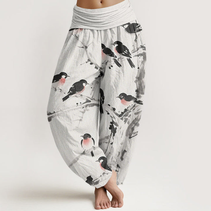 Pantaloni harem da donna con elastico in vita e motivo a rami di uccello casual Buddha Stones - Bianco Fantasma - US22, UK/AU26, EU54 (6XL) - image 8