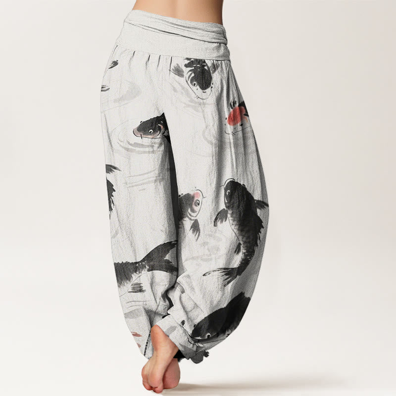 Pantaloni harem da donna con elastico in vita e motivo casual a pesci koi, motivo Buddha Stones - image 2