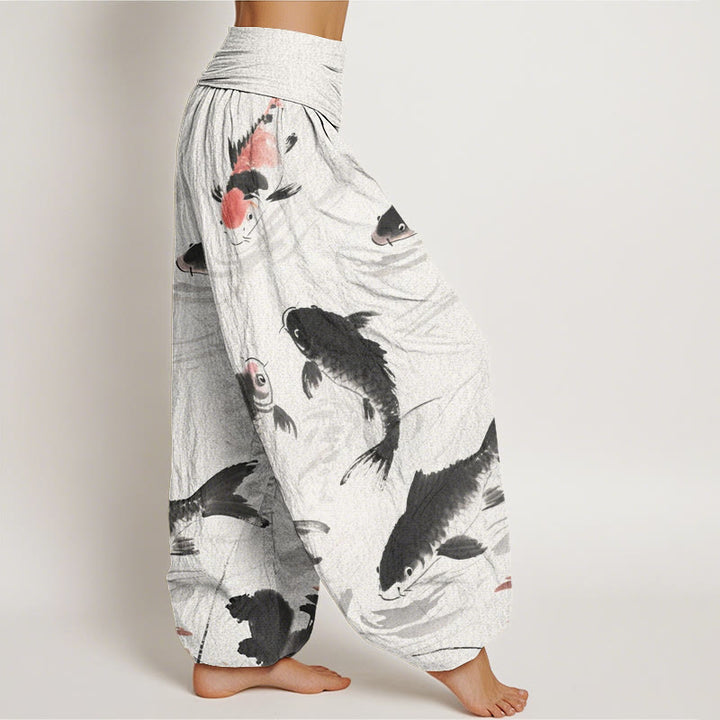 Pantaloni harem da donna con elastico in vita e motivo casual a pesci koi, motivo Buddha Stones - image 3