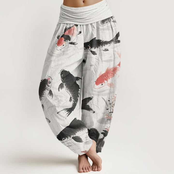 Pantaloni harem da donna con elastico in vita e motivo casual a pesci koi, motivo Buddha Stones - Bianco Fantasma - US22, UK/AU26, EU54 (6XL) - image 1