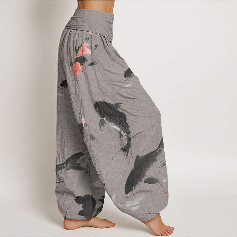 Pantaloni harem da donna con elastico in vita e motivo casual a pesci koi, motivo Buddha Stones - image 7