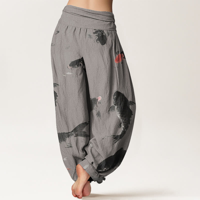 Pantaloni harem da donna con elastico in vita e motivo casual a pesci koi, motivo Buddha Stones - image 6