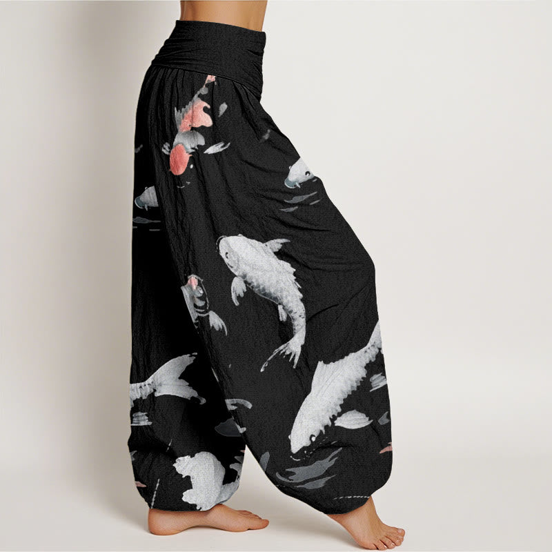 Pantaloni harem da donna con elastico in vita e motivo casual a pesci koi, motivo Buddha Stones - image 10