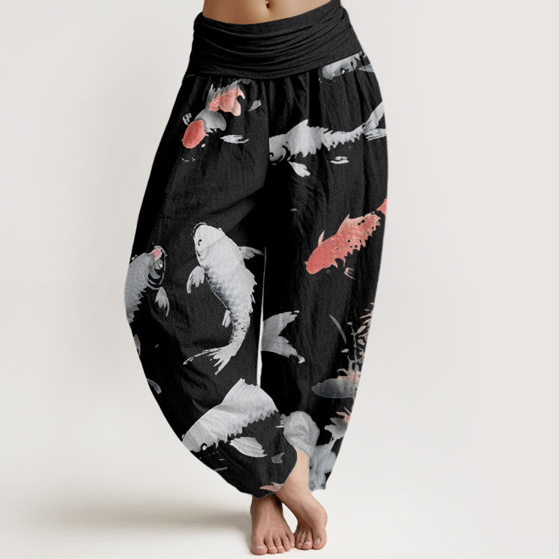 Pantaloni harem da donna con elastico in vita e motivo casual a pesci koi, motivo Buddha Stones - Nero - US22, UK/AU26, EU54 (6XL) - image 8