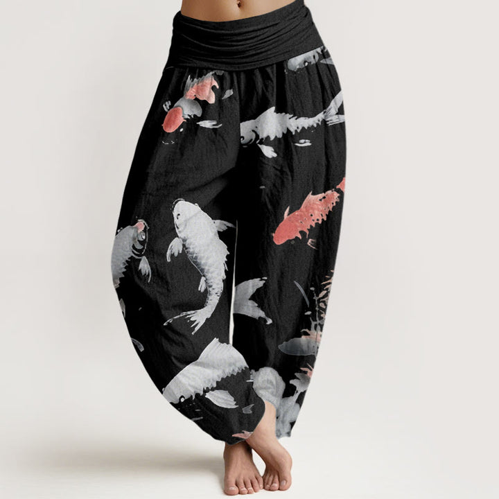 Pantaloni harem da donna con elastico in vita e motivo casual a pesci koi, motivo Buddha Stones - Nero - US22, UK/AU26, EU54 (6XL) - image 8