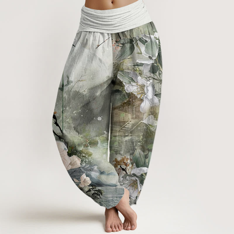 Pantaloni harem da donna con elastico in vita, motivo floreale, Buddha Stones Bamboo Tree Pavilion - Verdemare medio - US22, UK/AU26, EU54 (6XL) - image 1