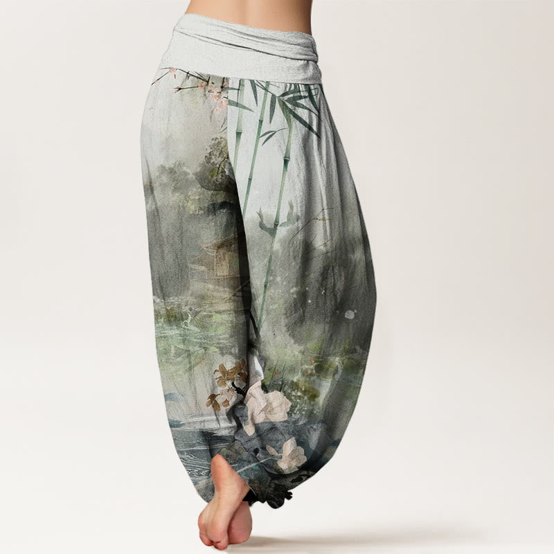 Pantaloni harem da donna con elastico in vita, motivo floreale, Buddha Stones Bamboo Tree Pavilion - image 2