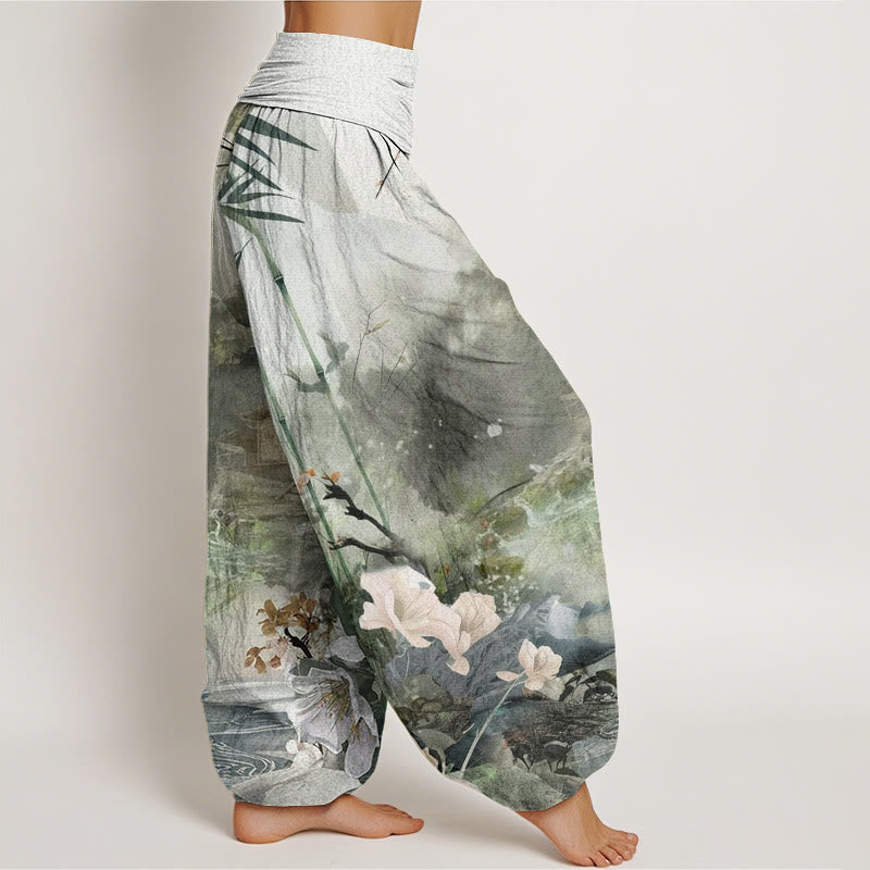 Pantaloni harem da donna con elastico in vita, motivo floreale, Buddha Stones Bamboo Tree Pavilion - image 3