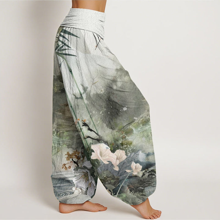 Pantaloni harem da donna con elastico in vita, motivo floreale, Buddha Stones Bamboo Tree Pavilion - image 3