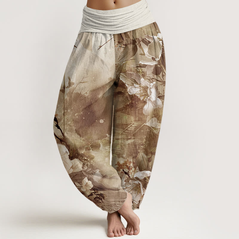 Pantaloni harem da donna con elastico in vita, motivo floreale, Buddha Stones Bamboo Tree Pavilion - DarkGoldenrod - US22, UK/AU26, EU54 (6XL) - image 5