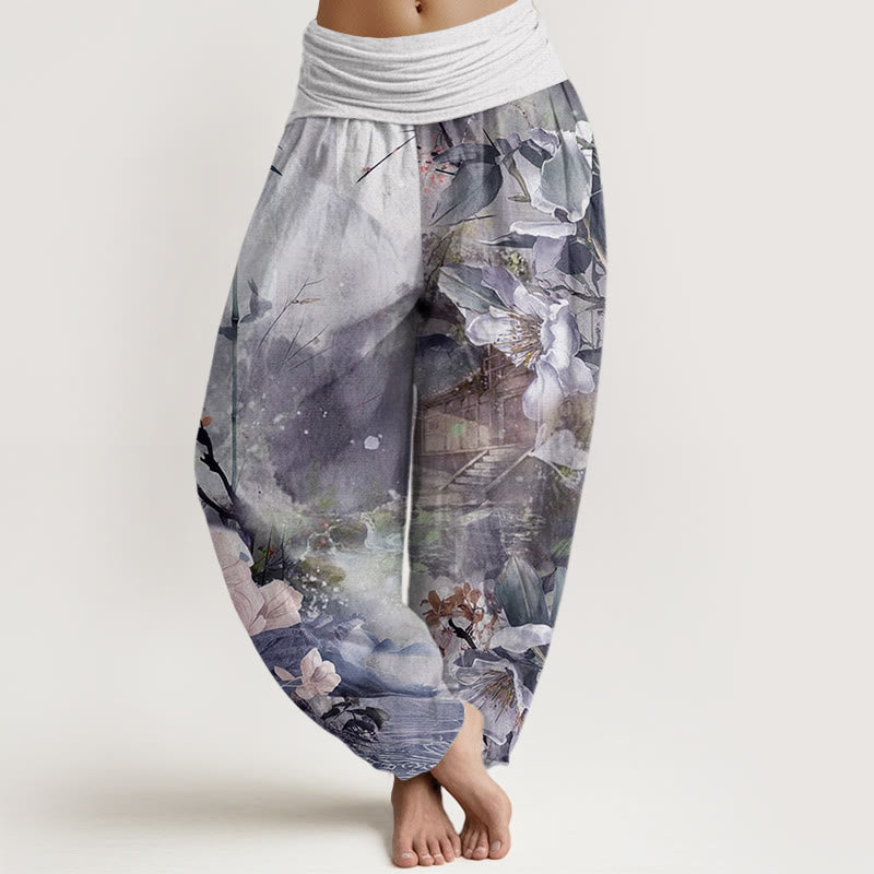 Pantaloni harem da donna con elastico in vita, motivo floreale, Buddha Stones Bamboo Tree Pavilion - DarkSlateBlue - US22, UK/AU26, EU54 (6XL) - image 8