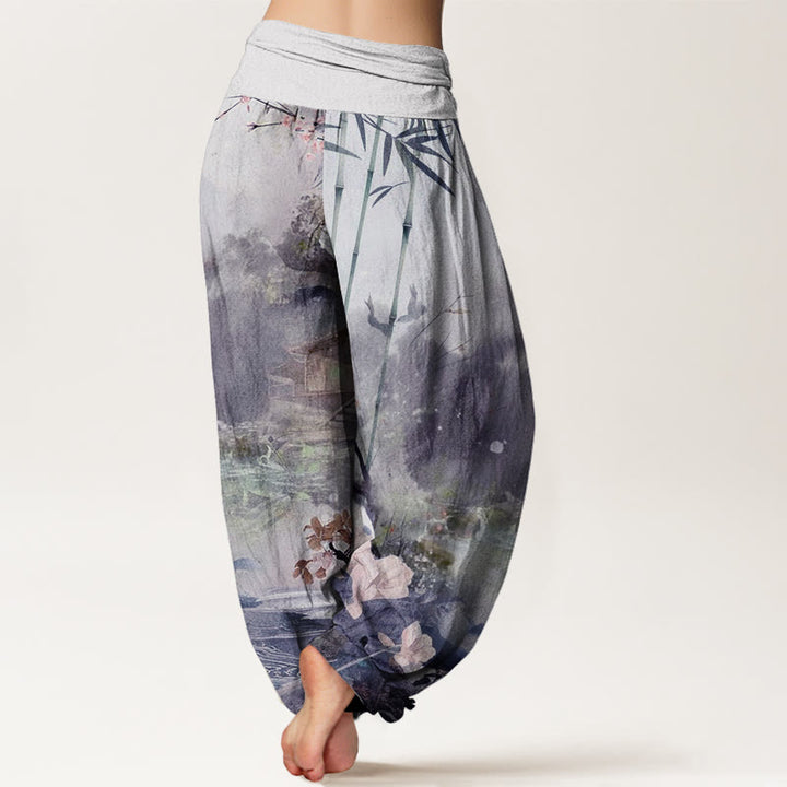 Pantaloni harem da donna con elastico in vita, motivo floreale, Buddha Stones Bamboo Tree Pavilion - image 9