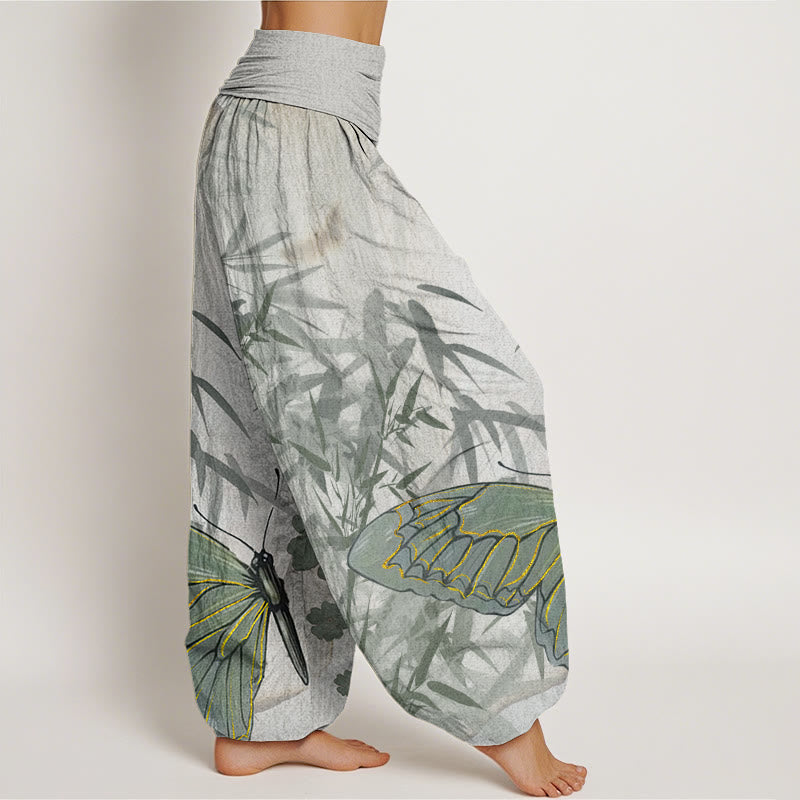 Pantaloni harem da donna con elastico in vita, motivo a farfalla e fiori di bambù, motivo Buddha Stones - image 3