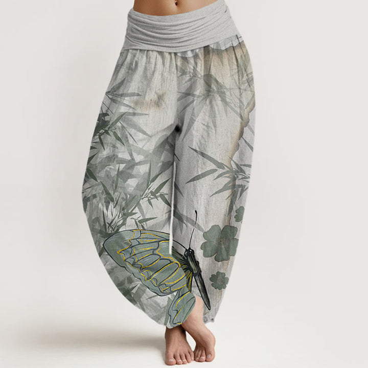 Pantaloni harem da donna con elastico in vita, motivo a farfalla e fiori di bambù, motivo Buddha Stones - Grigio chiaro - US22, UK/AU26, EU54 (6XL) - image 1