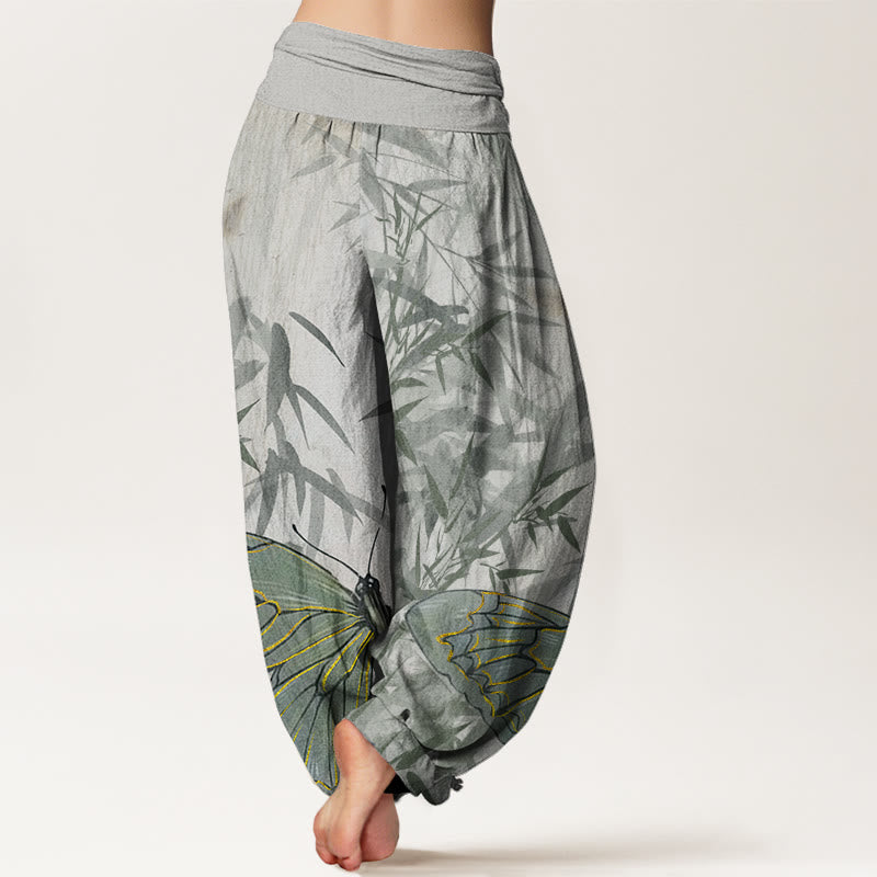 Pantaloni harem da donna con elastico in vita, motivo a farfalla e fiori di bambù, motivo Buddha Stones - image 2
