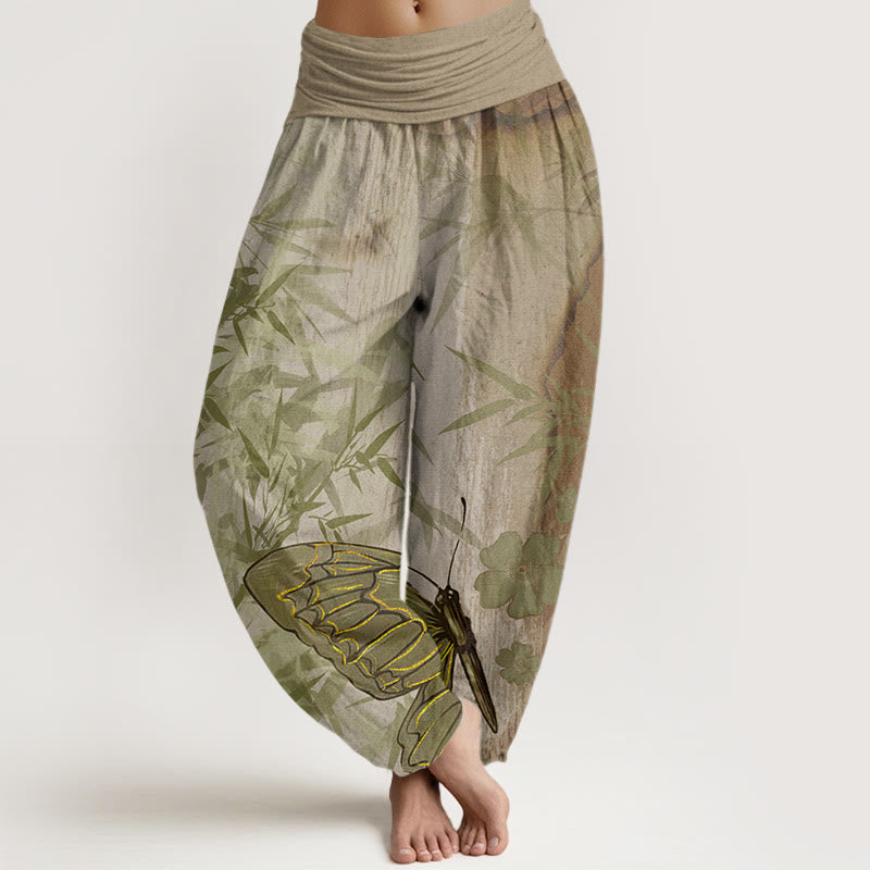 Pantaloni harem da donna con elastico in vita, motivo a farfalla e fiori di bambù, motivo Buddha Stones - Cachi scuro - US22, UK/AU26, EU54 (6XL) - image 5