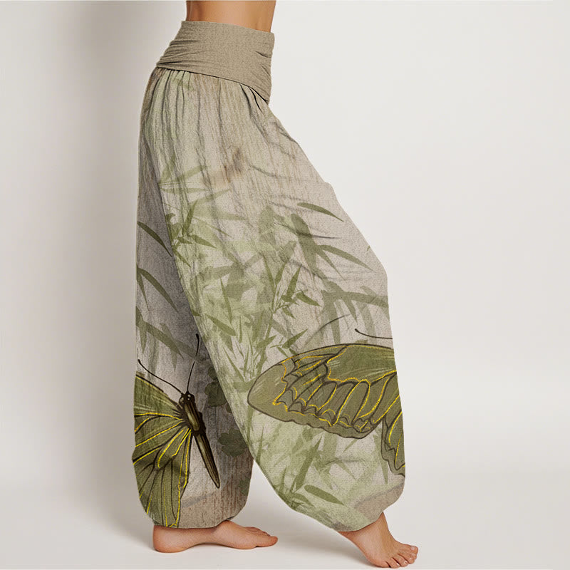Pantaloni harem da donna con elastico in vita, motivo a farfalla e fiori di bambù, motivo Buddha Stones - image 7