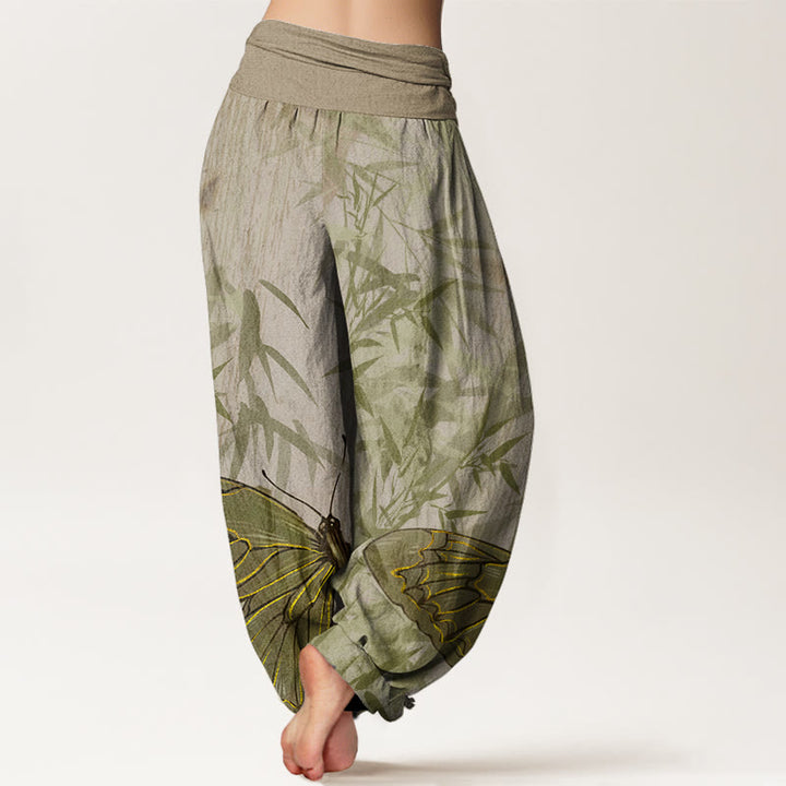 Pantaloni harem da donna con elastico in vita, motivo a farfalla e fiori di bambù, motivo Buddha Stones - image 6