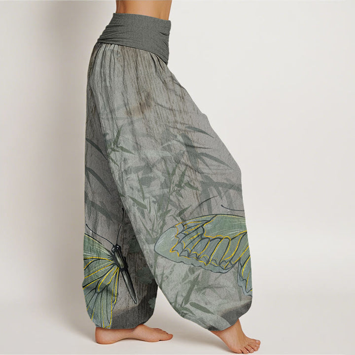 Pantaloni harem da donna con elastico in vita, motivo a farfalla e fiori di bambù, motivo Buddha Stones - image 10
