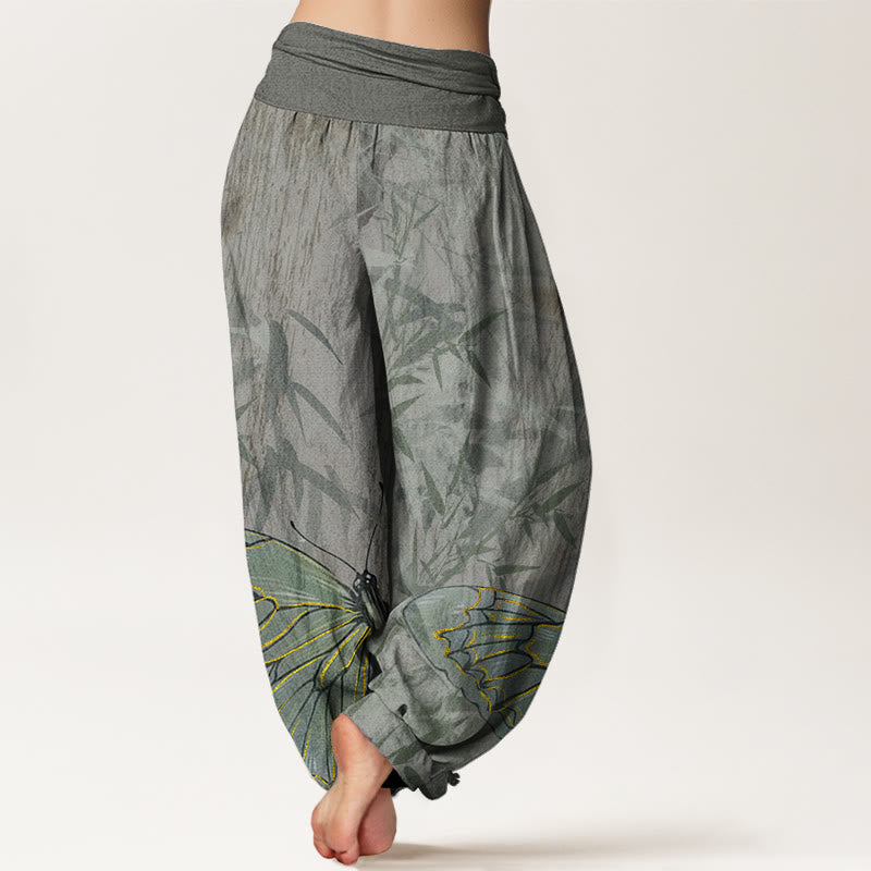 Pantaloni harem da donna con elastico in vita, motivo a farfalla e fiori di bambù, motivo Buddha Stones - image 9