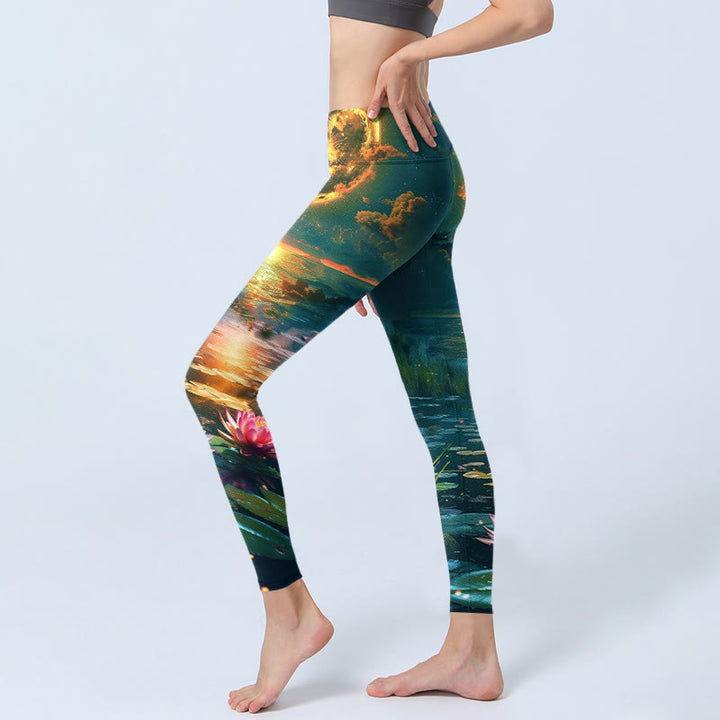 Leggings da palestra con stampa di Buddha Stones, fiori di loto, foglie e luna piena, pantaloni da yoga da donna
