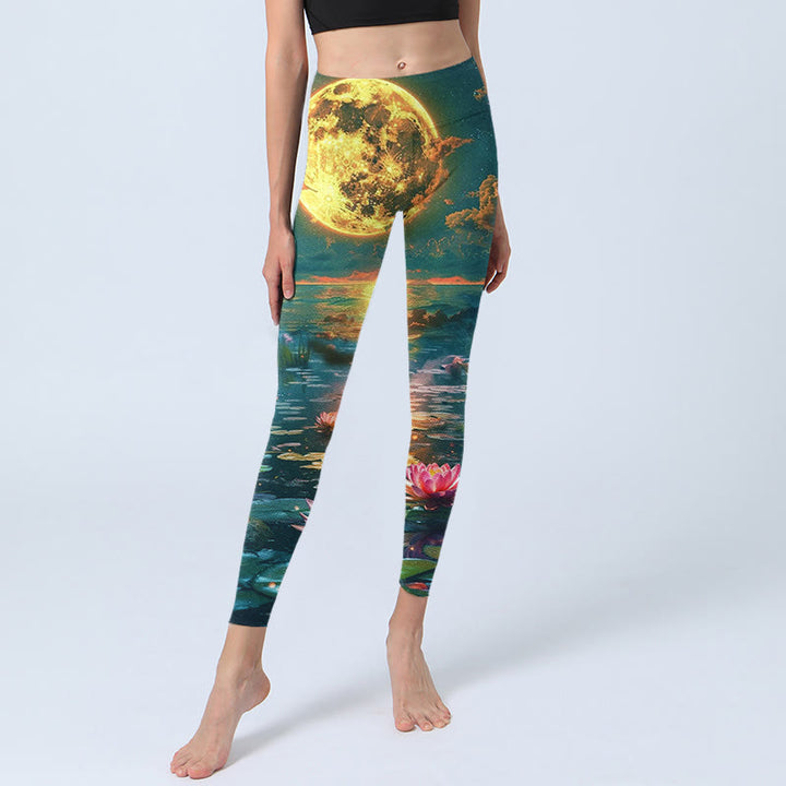 Leggings da palestra con stampa di Buddha Stones, fiori di loto, foglie e luna piena, pantaloni da yoga da donna